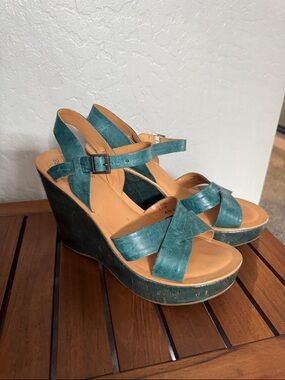 KORK-EASE Teal Strappy Wedge Sandals with Adjustable Ankle Buckle